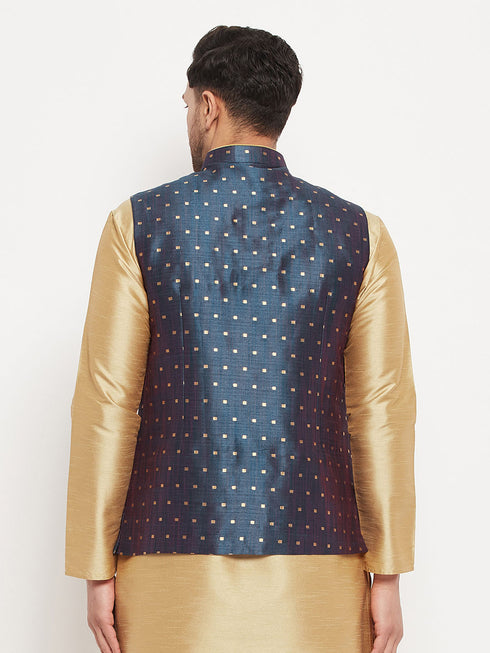 VASTRAMAY Men's Blue Zari Weaved Jacket